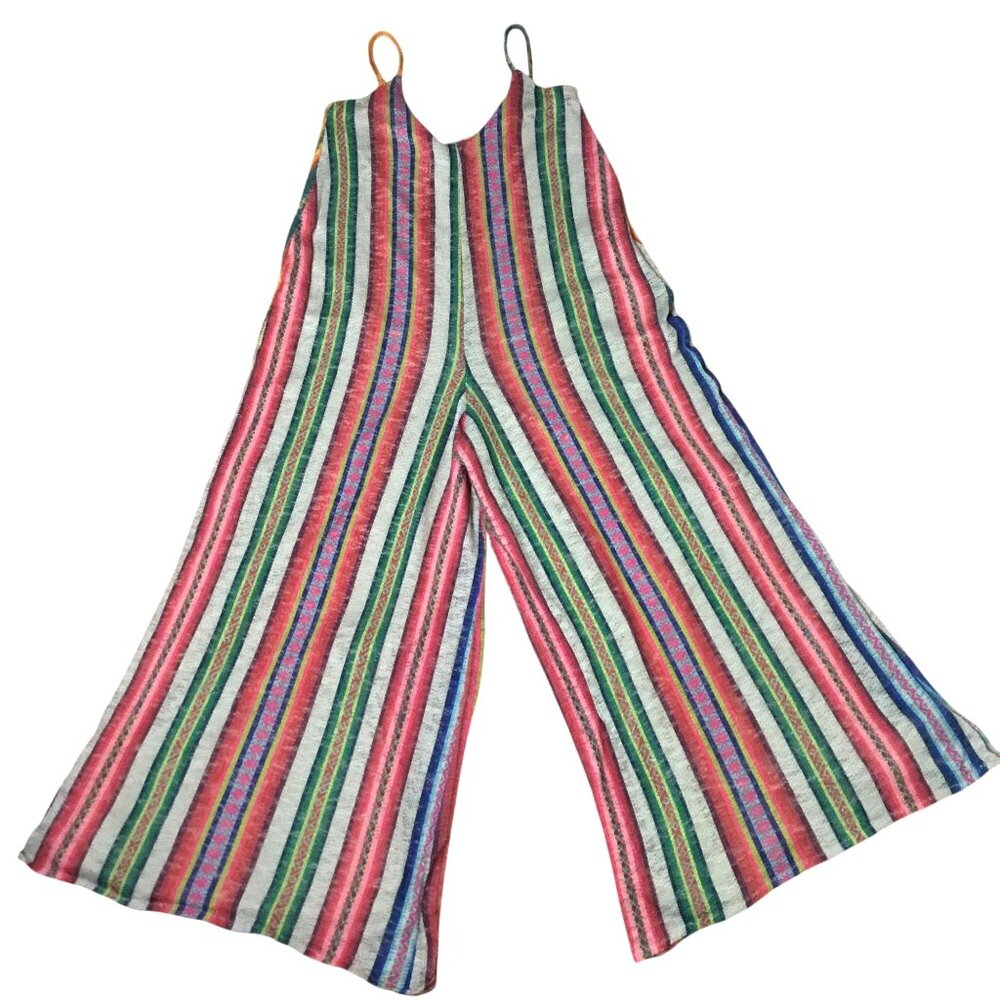 JUDITH MARCH Boho Striped Knit Jumpsuit L Adjustable Strap Wide Leg Lined Lounge